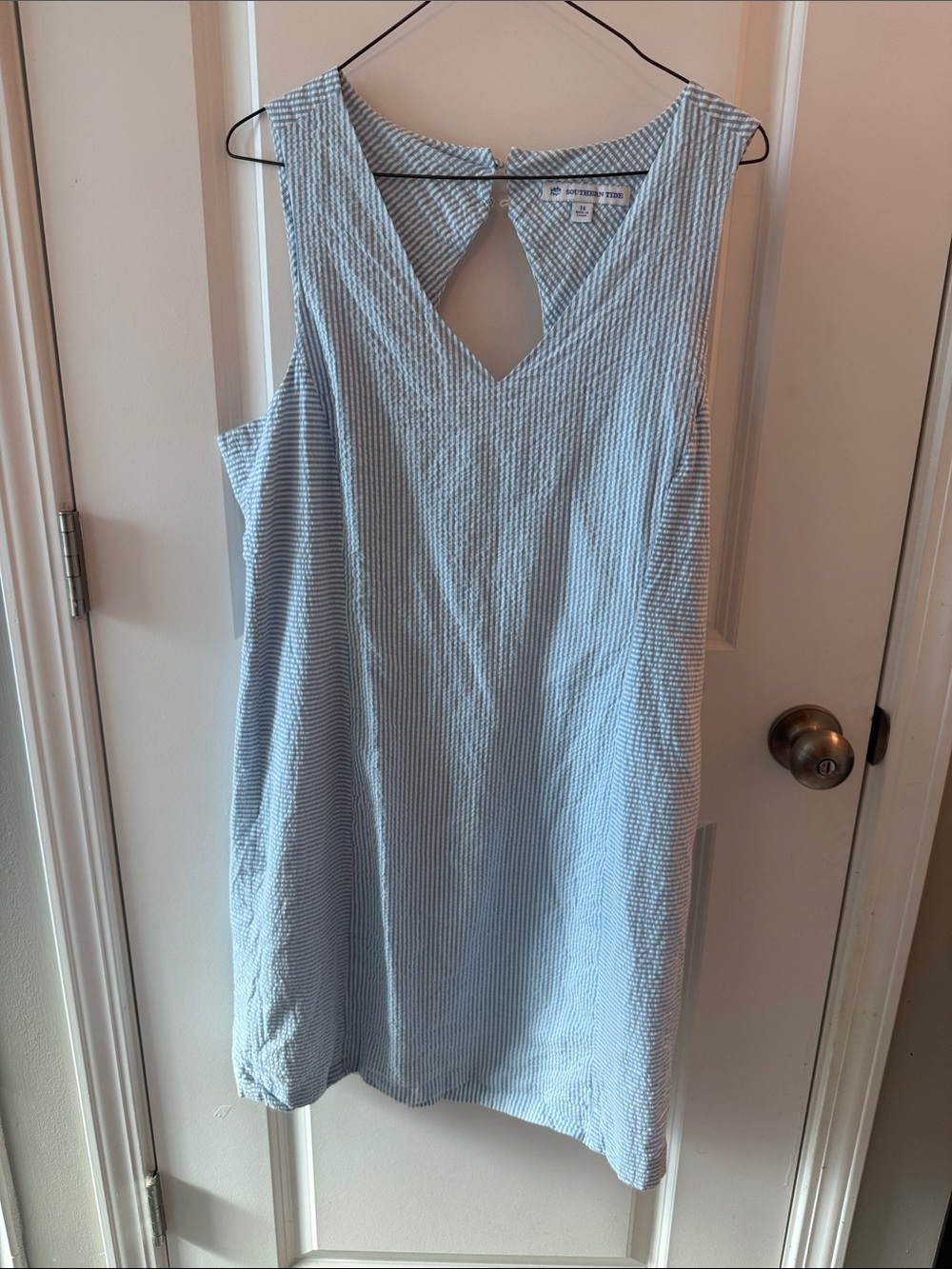 Southern Tide Light Blue and White Striped Seersucker V-Neck dress cutout back